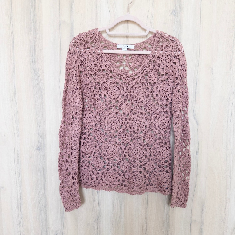 Womens Floral Crochet Sweater Medium Mauve Pink Boho Cottage Festival Coastal